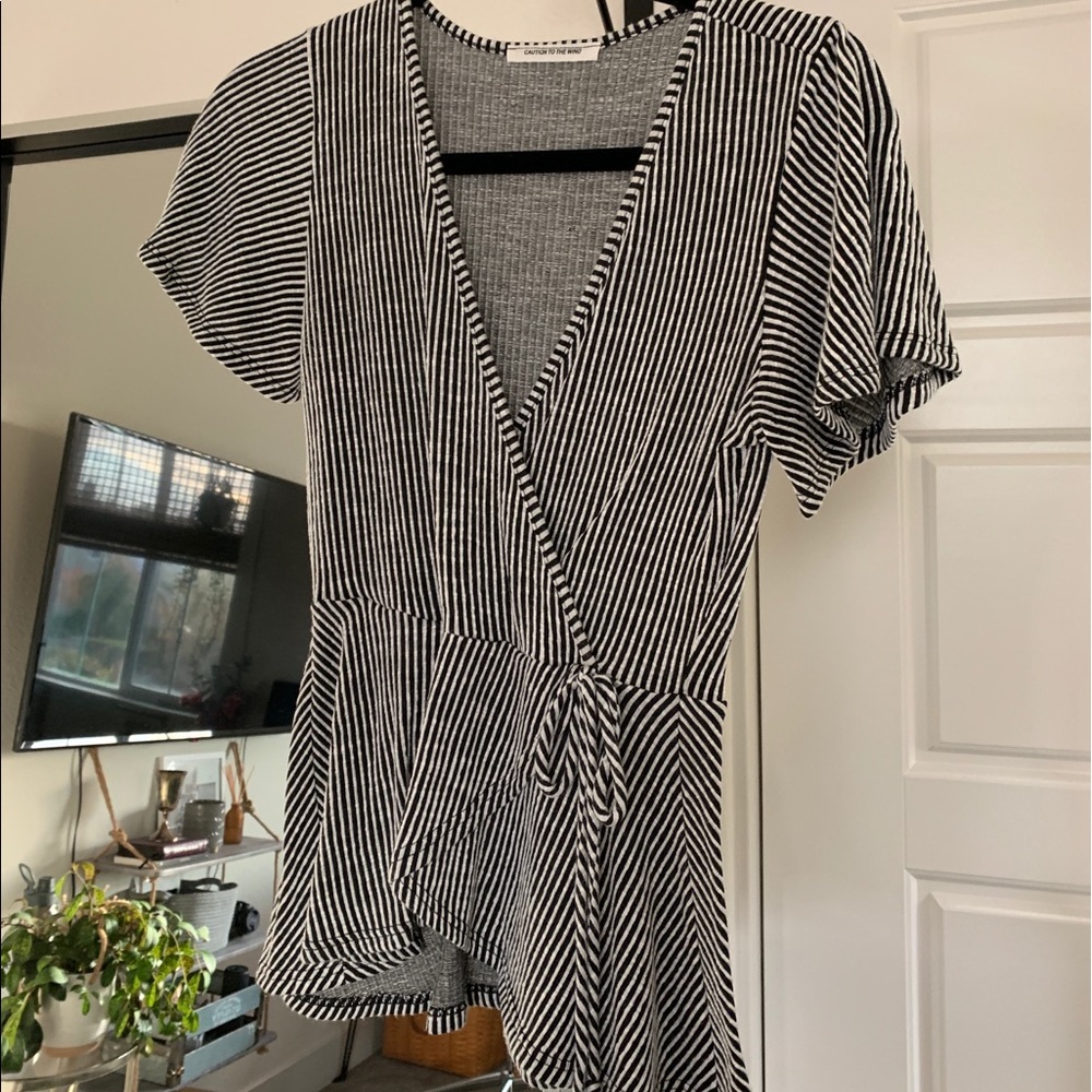 Striped Wrap Tie Top with Flounce Sleeve